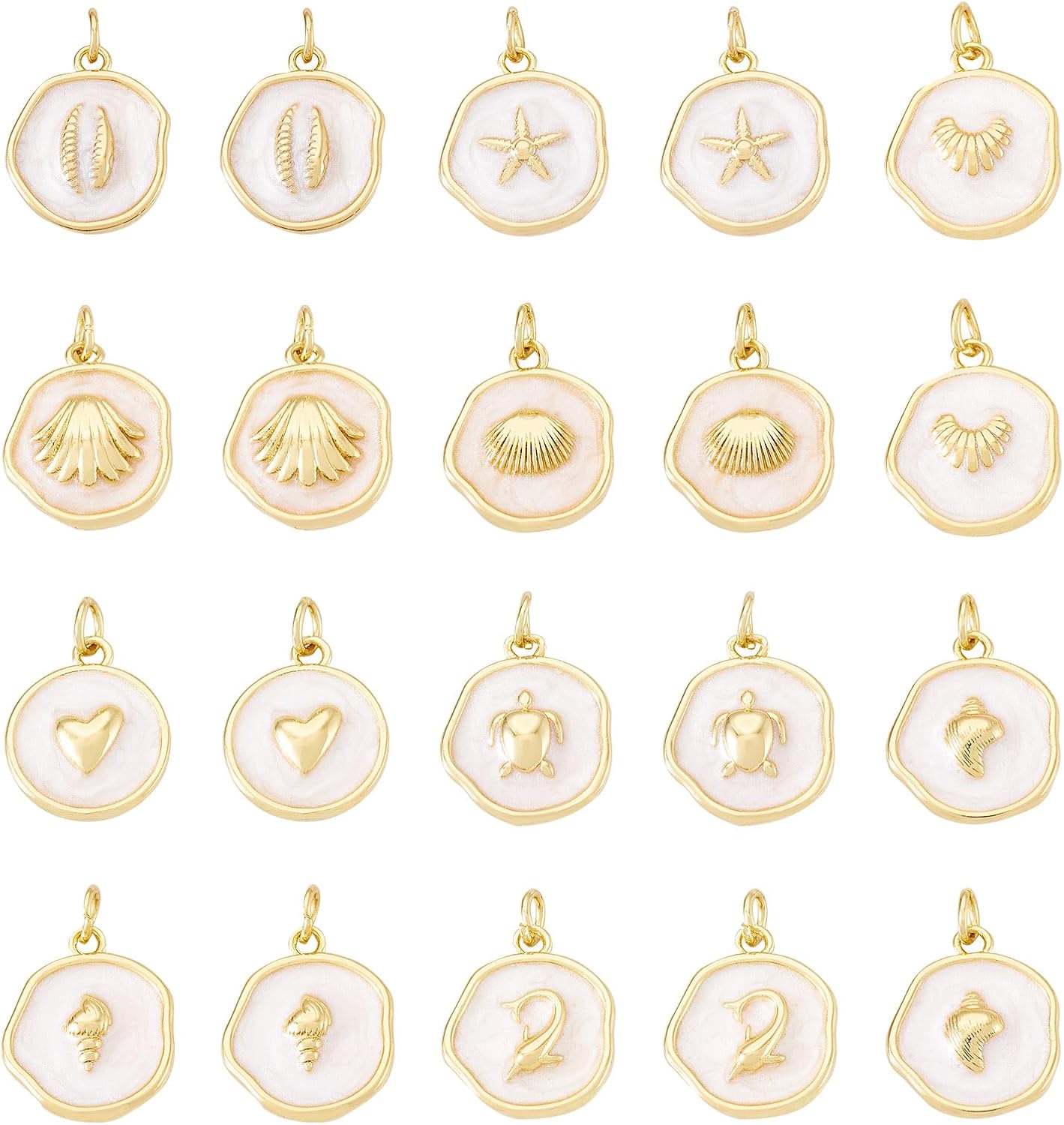 Craftdady Golden Plated Enamel Pendants White Oval Flat Round Dangle Charms for DIY Earrings Necklace Bracelet Making