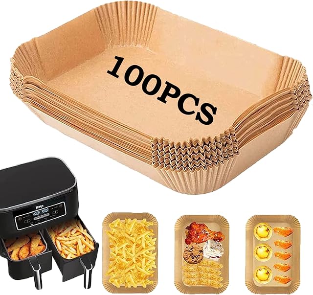 Air Fryer Liners - Air Fryer Paper Liners Disposable for Ninja Dual, 100Pcs Air Fryer Parchment Paper Liners, Waterproof Oil-Proof Non Stick Airfryer Liner for Ninja AF300UK AF400UK (8.7Inch)
