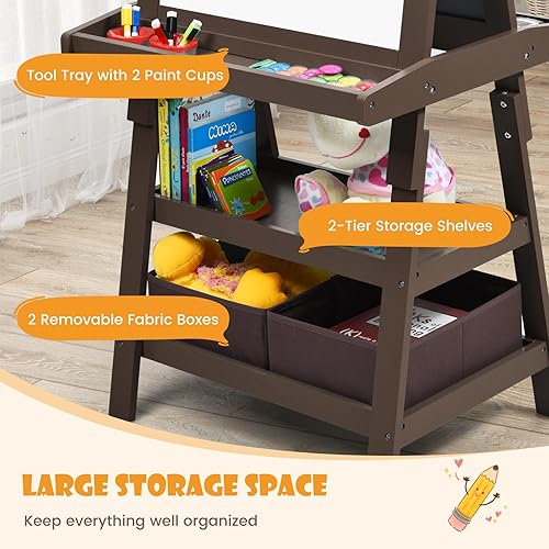 Miniatura 6 de HONEY JOY Caballete de arte para niños, caballete de madera de doble cara 3 en 1 con pizarra blanca magnética y pizarra, rollo de papel, 2