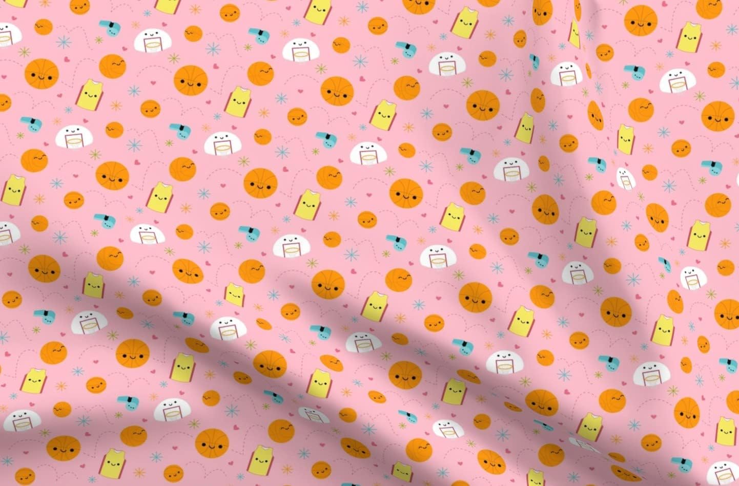 Spoonflower Fabric - Happy Basketball Friends Pink Team Cute Kawaii Sports Girls Printed on Upholstery Velvet Fabric Fat Quarter - Upholstery Home Decor Bottomweight Apparel