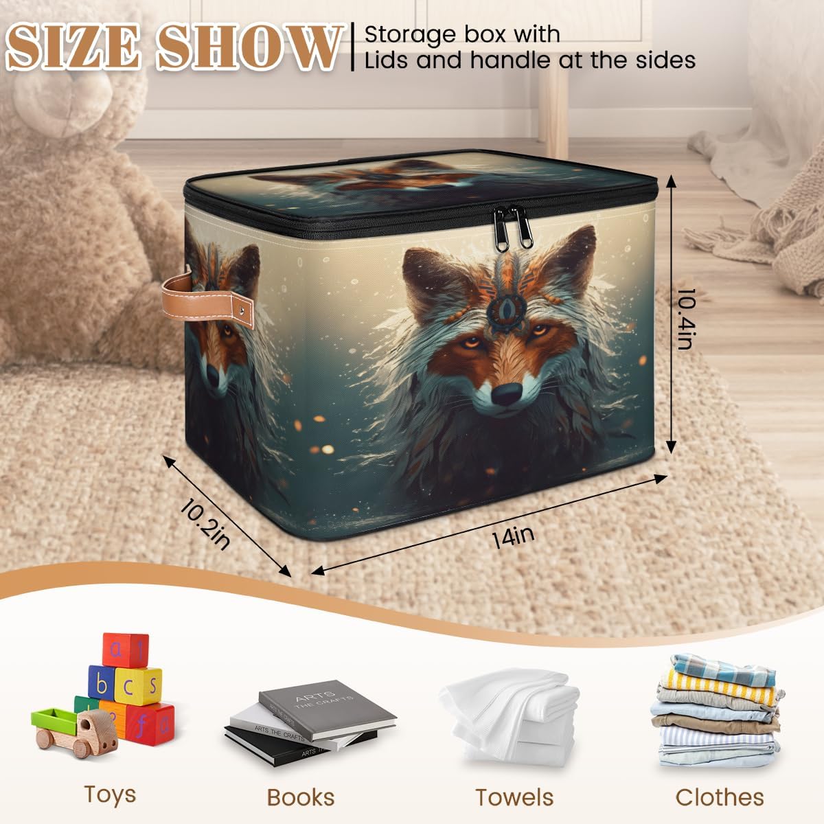 Storage Bin Set of 2 Animal Wolf Storage Basket with Zipper Lid & Handle Foldable Closet Shelf 2 Pack Cloth Organizer Basket Cube Bins Clothes Organizer for Bedroom, Nursery