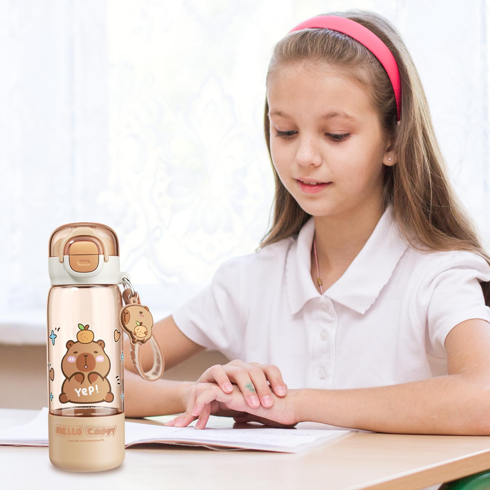 Capybara Drinkfles, 510ml Kinder Drinkfles met Deksel, Rietje