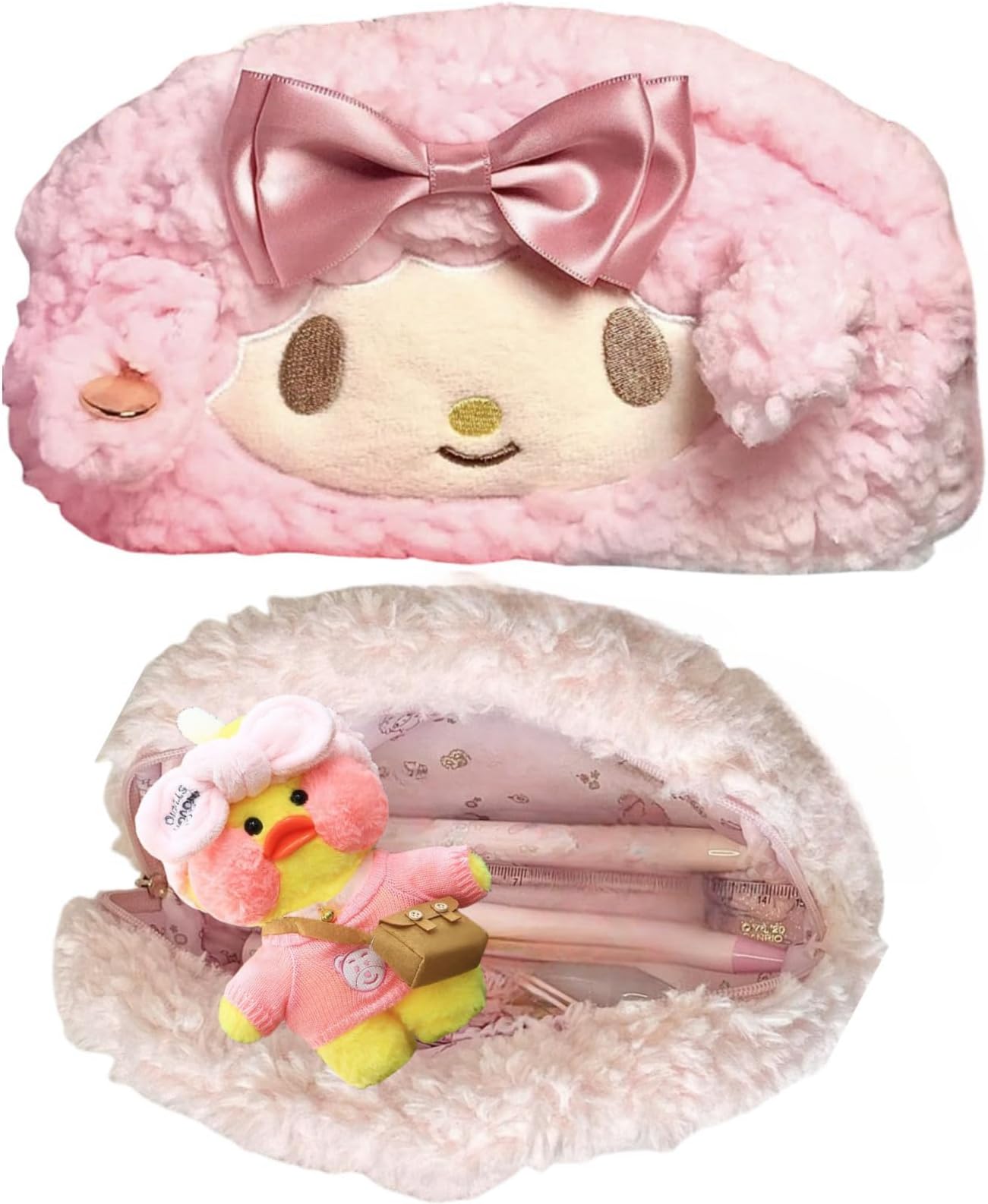 Cute Bow Lamb Large Capacity Pencil Case Plush Pen Holder Sweety Pencil Pouch Box Cute Aesthetic Pen Case (Strawberry pink)
