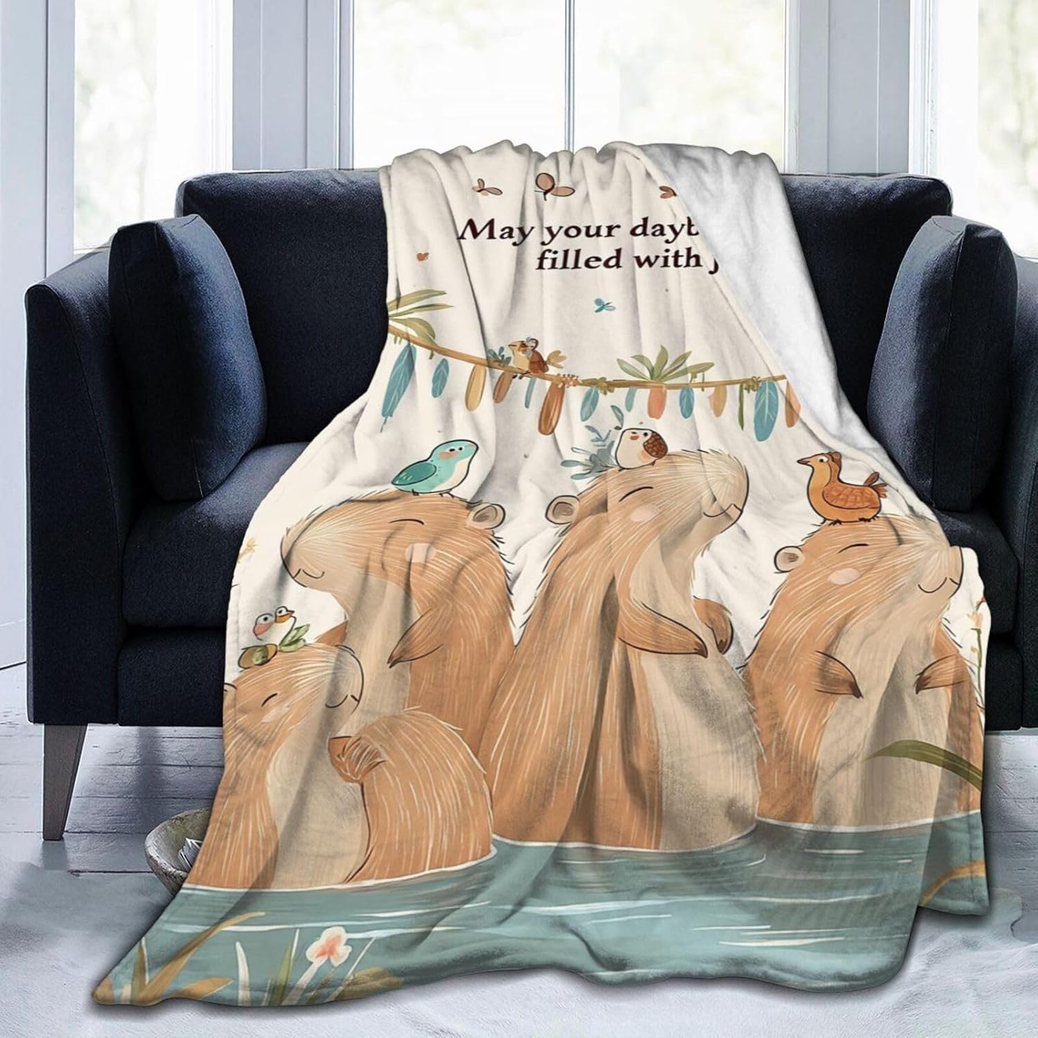 Capybara Blanket – Soft Flannel Throw with Adorable Capybaras and Birds,Cozy Gift for Women,Kids or Animal Lovers 60"x50"