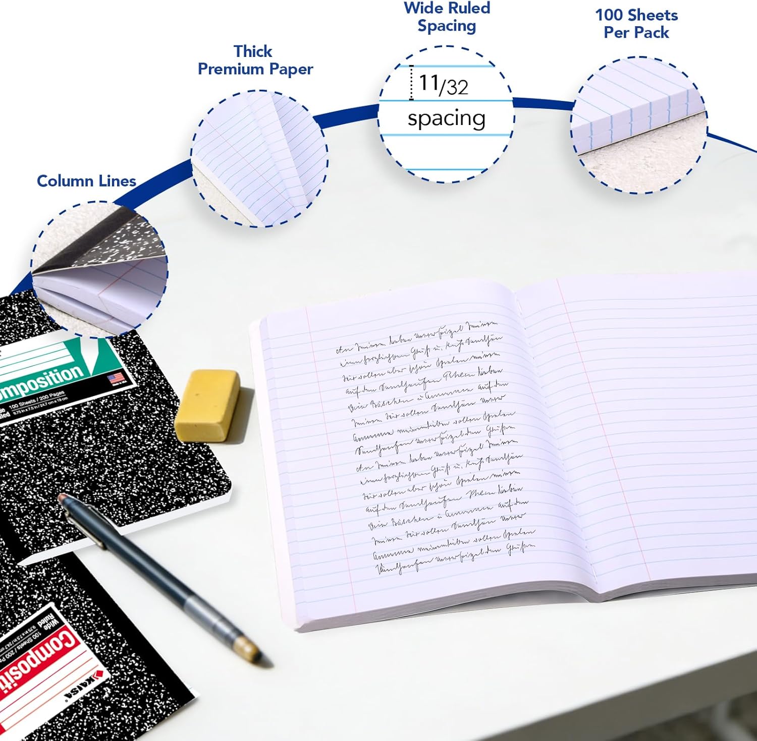 KAISA Composition Notebooks 100Sheets Comp Book,Wide Ruled 9.75x7.5inch, Classic Marble Composition Books, Carton of 20pads, C10001W