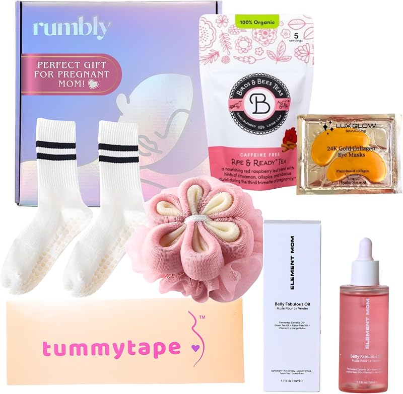 Caja Mom to Be Essentials del tercer trimestre, regalo de embarazo | Té de hierbas, cinta de soporte para el vientre, aceite para el vientre, caja de regalo de 6 piezas, semanas 27 a 40, regalo para la futura esposa, hermana o amiga