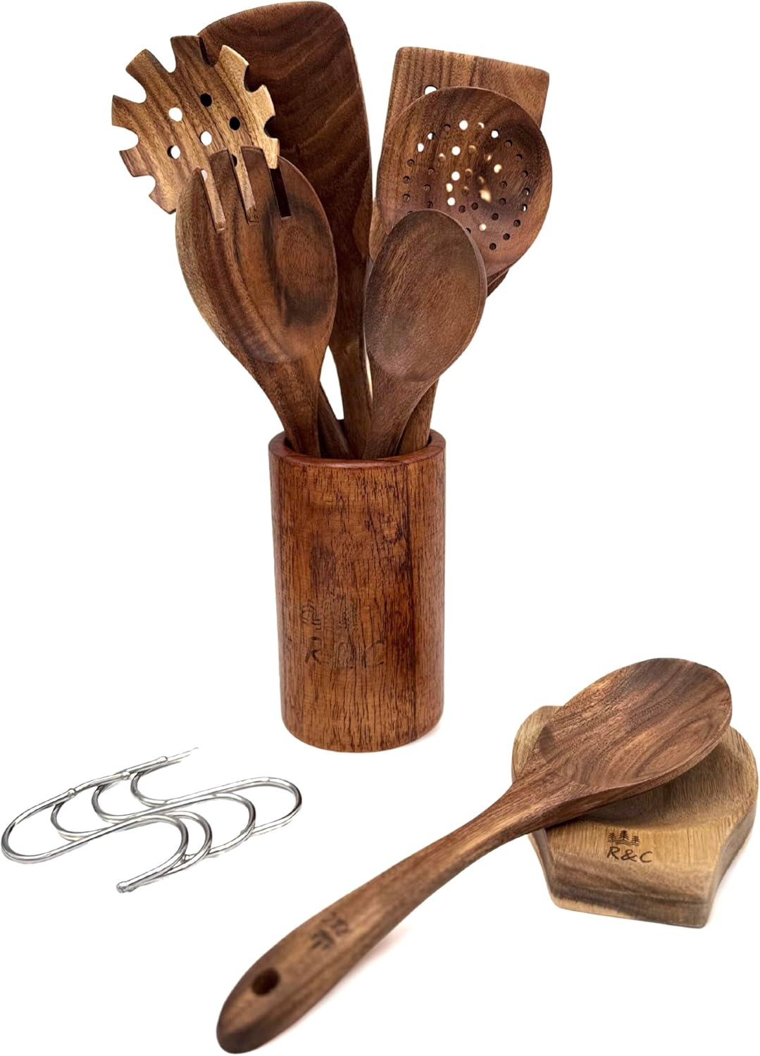 R&C Wooden Kitchen Utensil Set, 9-Piece Teak Cooking Tools with Holder & Hooks — Nonstick Safe, Heat Resistant, Durable Wood Spoons & Spatulas