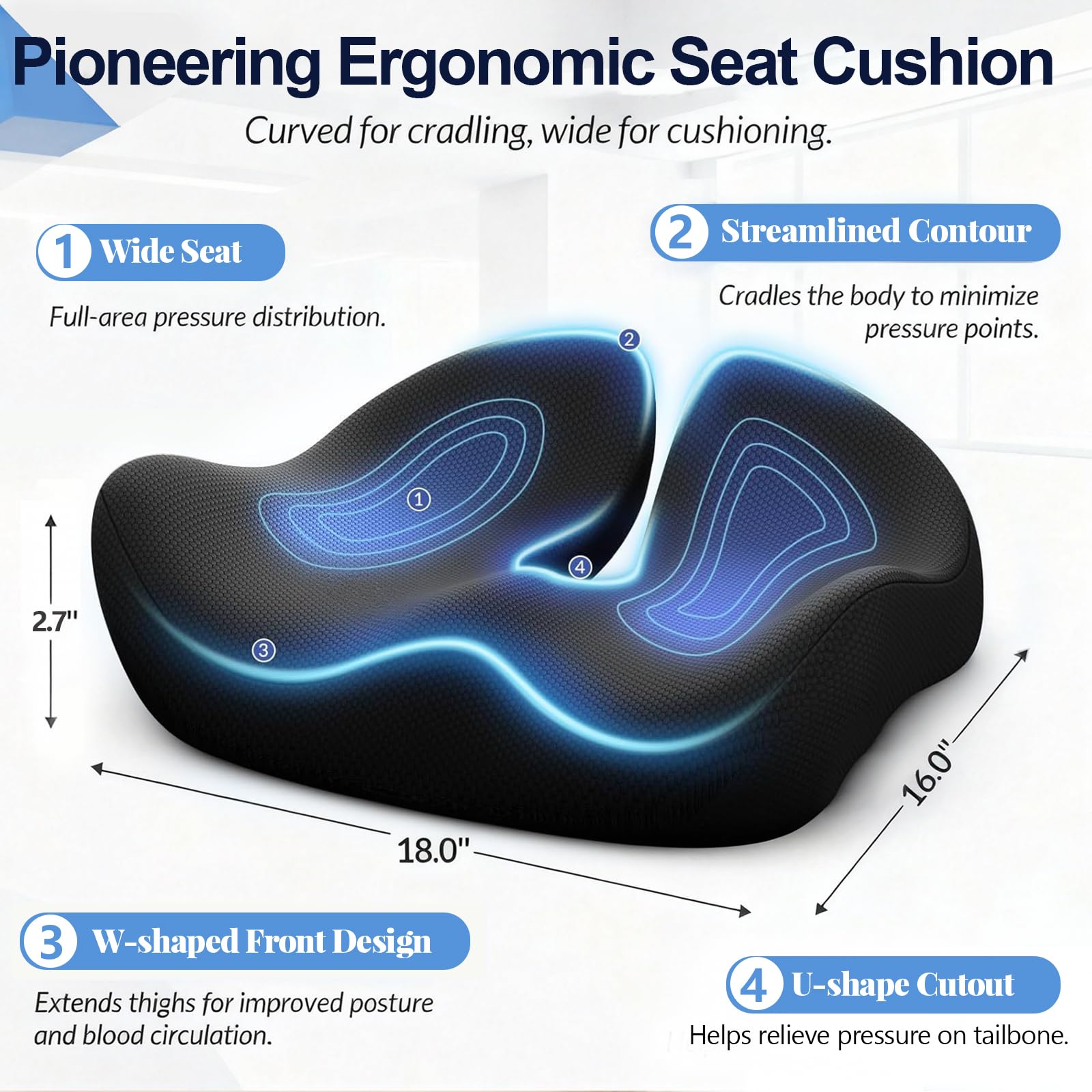 Cuscino in memory foam, per sedia da ufficio, ergonomico, per alleviare il dolore al coccige, sollievo dalla sciatica, comodo cuscino per casa, ufficio, seduta lunga, grande e antiscivolo