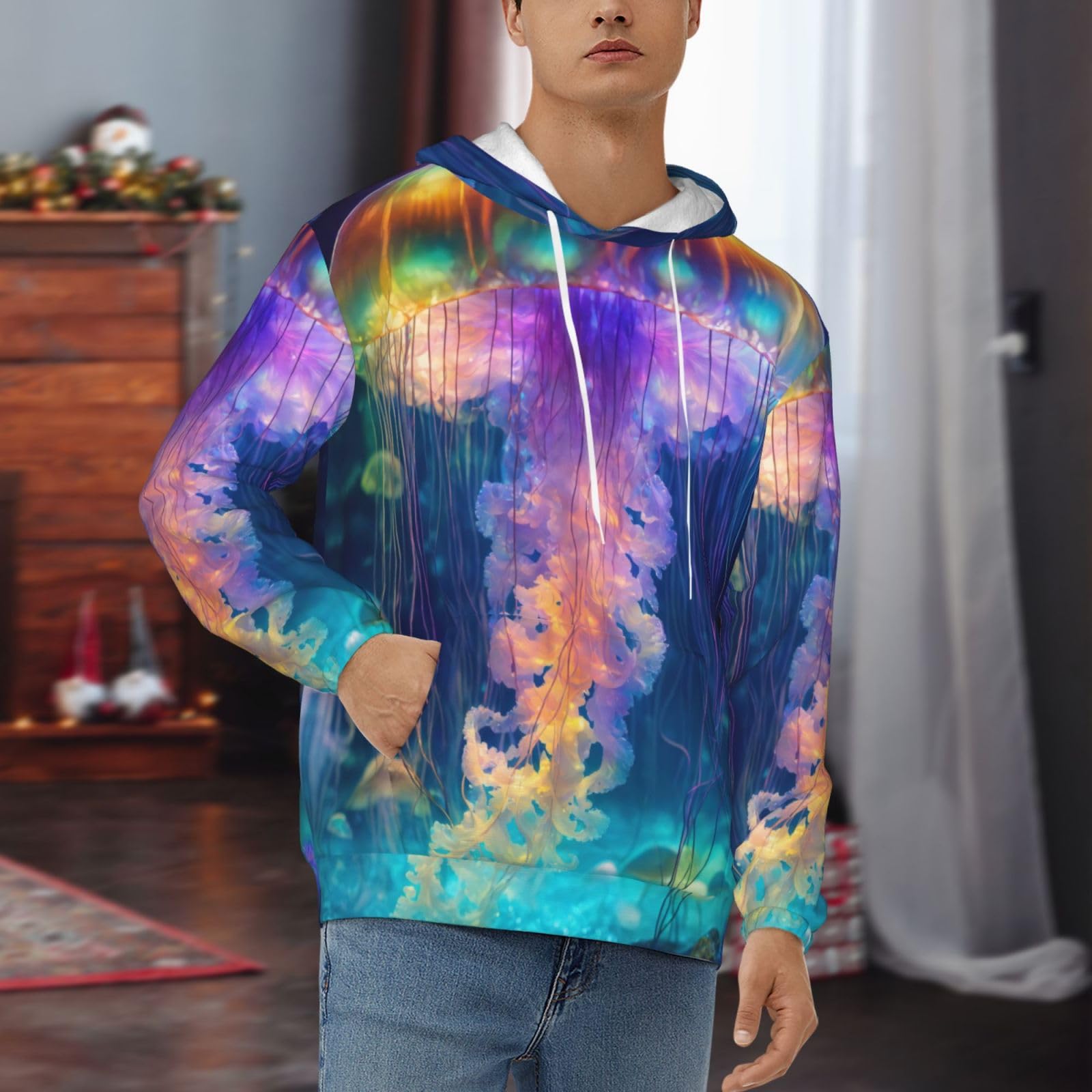 Męska bluza z kapturem z nadrukiem oceanu meduzy, casualowa grafika z nadrukiem bluzy z kapturem z kieszenią