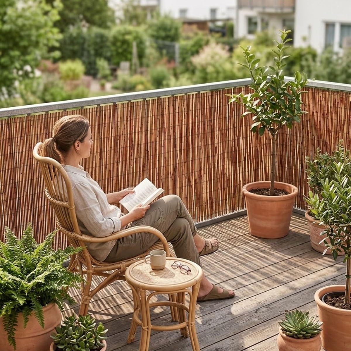 Arella in Bambù Naturale per Frangivista Balcone Terrazzo, Stuoia in Bambù Esterno Frangivento Ombreggiante 85% Anti-UV per Giardino Copertura Privacy Piscina, Marrone(122x610cm(4x20ft))