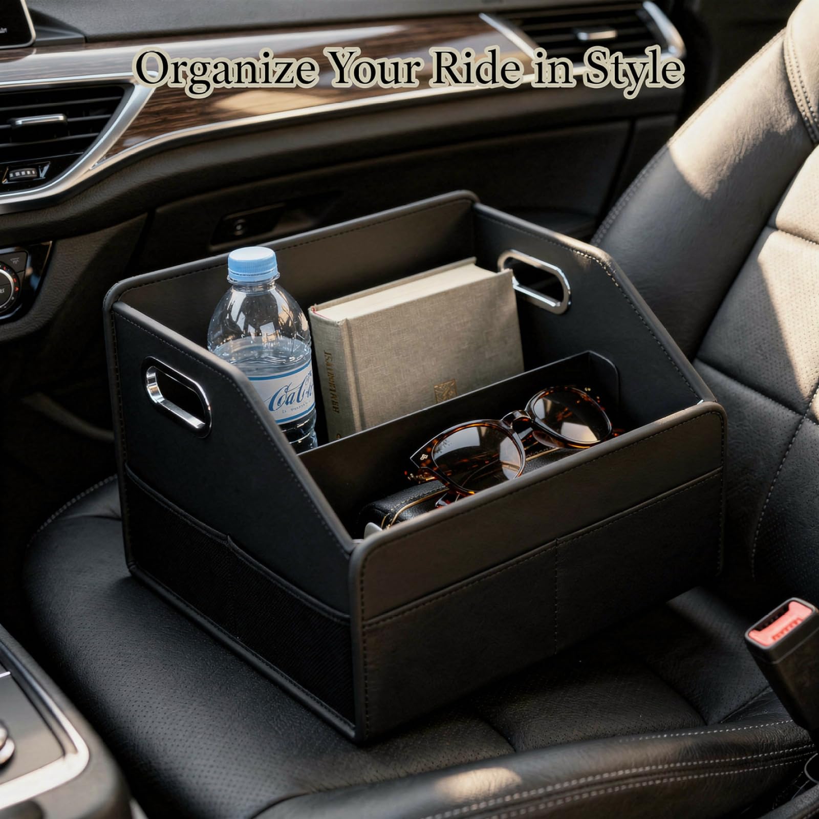 Organizer per auto, in pelle PU nera con design diviso, maniglie in metallo, 29 x 32 x 23,1 cm, organizer per auto lavabile per sedile passeggero, bagagliaio, cabina del veicolo