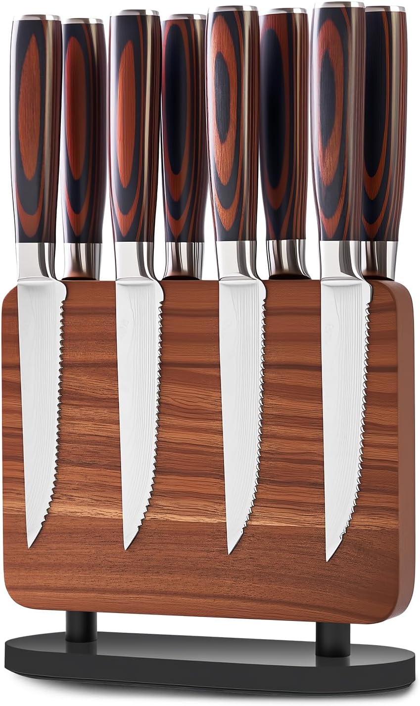 8-Piece Serrated Steak Knife Set with Magnetic Knife Holder, Japanese High-Carbon Stainless Steel Steak Knife & Double-Sided Magnetic Knives Stand for Kitchen Counter