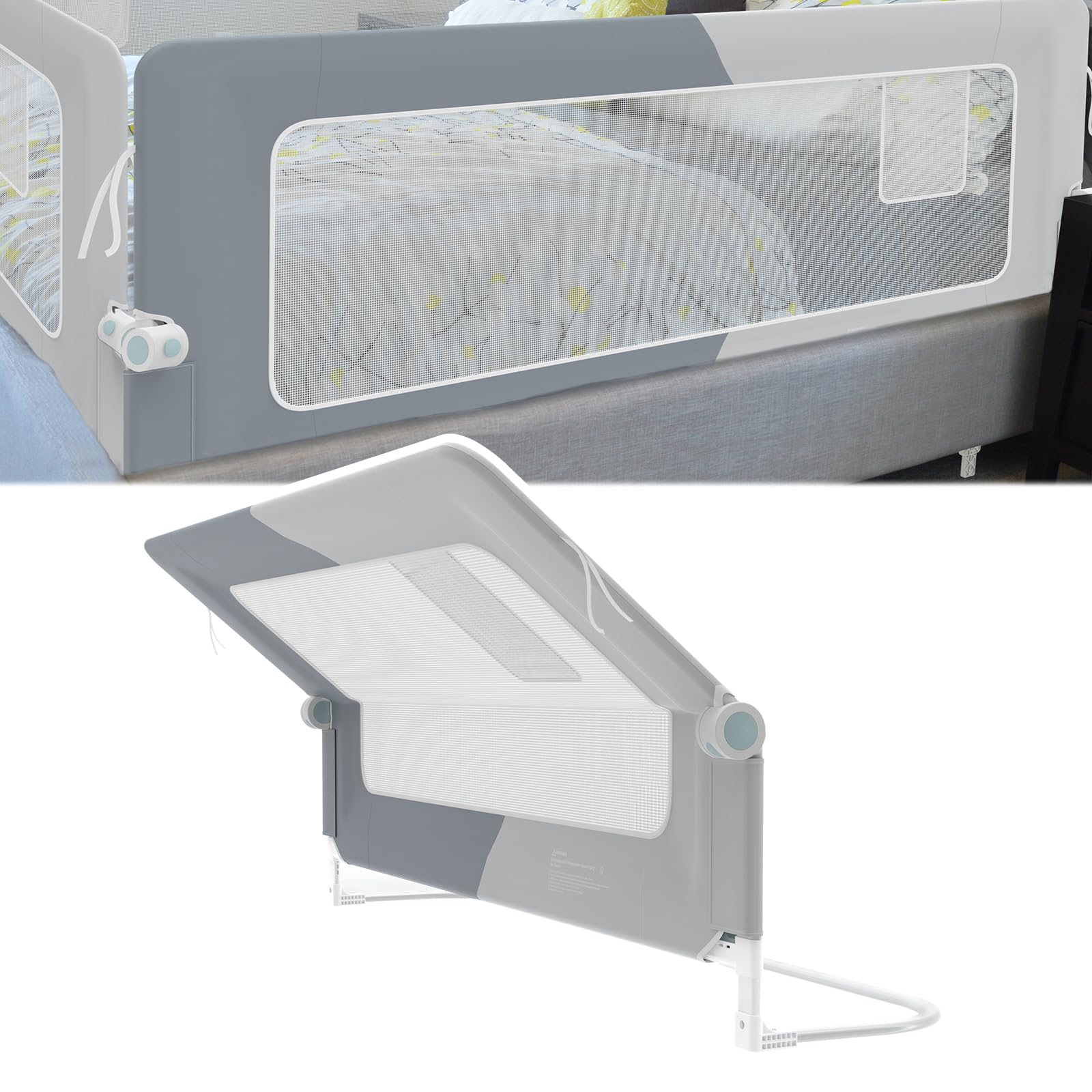 NAIZY Rausfallschutz Bett Rail 200cm Klappbar Bettgitter Baby mit Aufbewahrungstaschen, Bettschutzgitter Höhenverstellbar Kinderbettgitter für Kinderbetten, Elternbetten (Spleißen grau)
