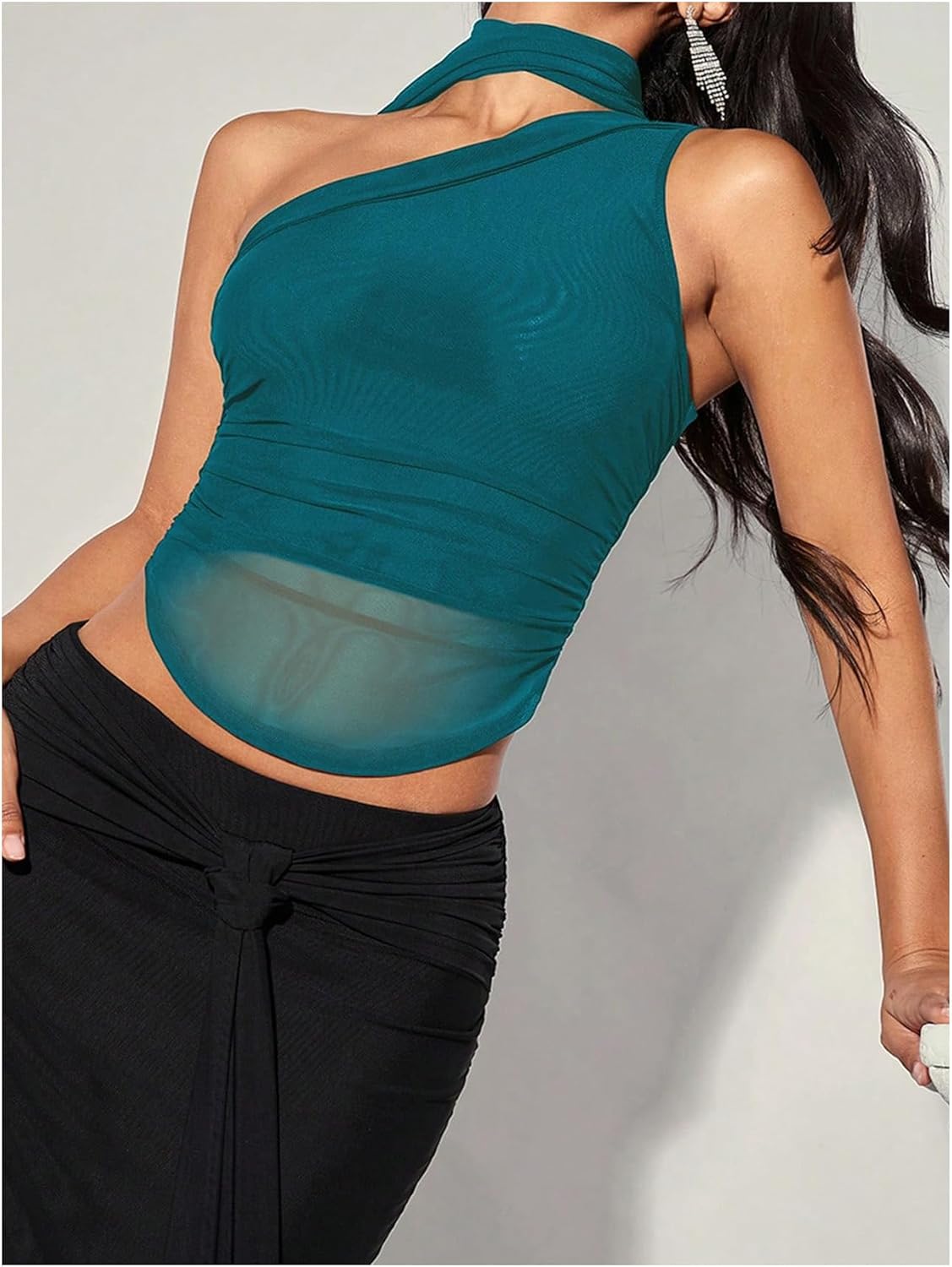 GORGLITTER Women's Halter Going Out Tank Top with Scarf One Shoulder Ruched Asymmetrical Crop Tops - Image 4