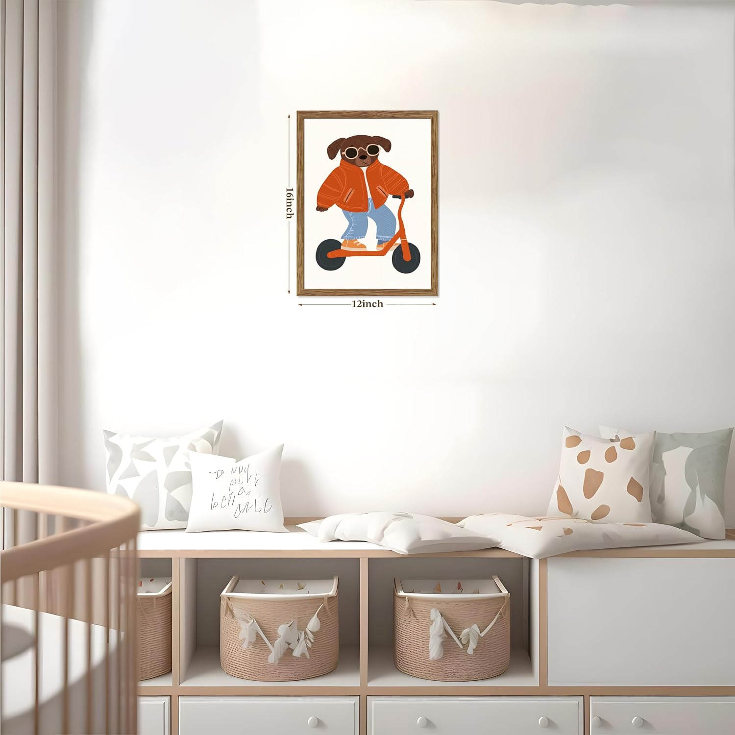 Framed Cool Dog on Scooter Wall Art, Vintage Streetwear Toddler Pictures Wall Decor, Minimalist Animal Paintings Canvas Prints Neutral Boho Home Decor for Kids Bedroom Nursery Playroom Bathroom 12x16 Inch Ready to Hang image 5