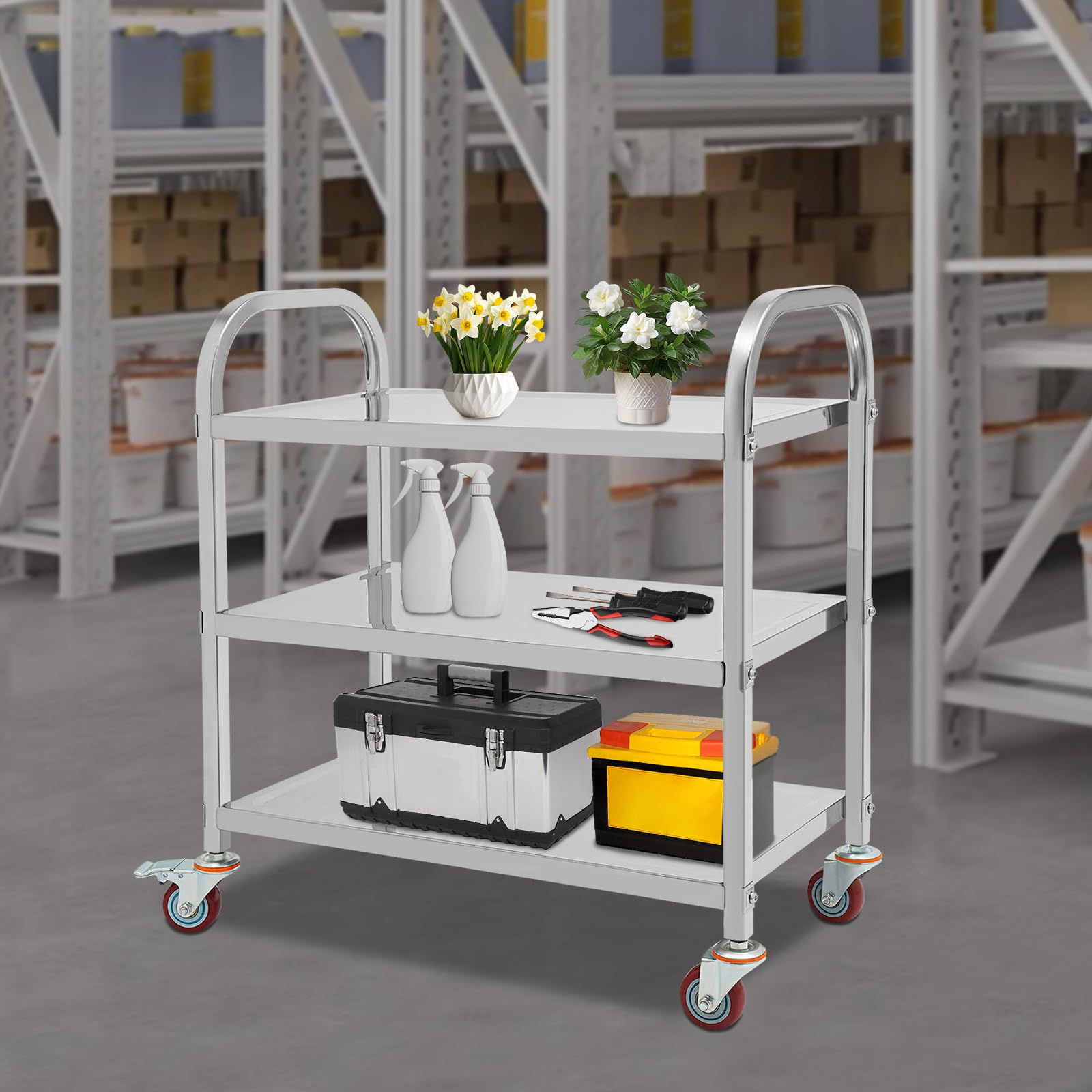 OUKANING Carro de cocina de acero inoxidable con 3 estantes, carro de servicio de alta capacidad de carga y ruedas silenciosas, isla de cocina móvil y estante de cocina para microondas, cocina