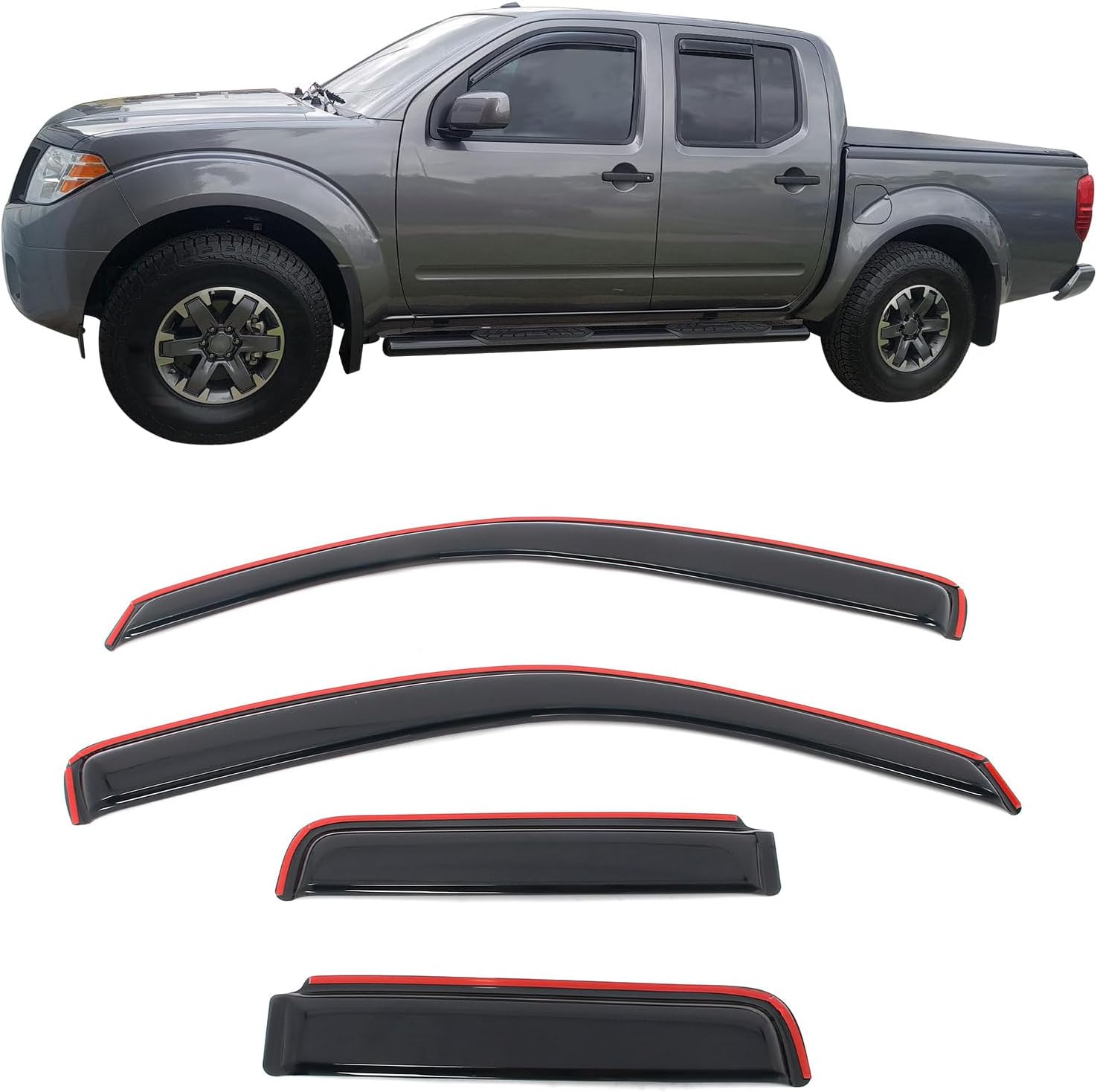 IKON MOTORSPORTS in Channel Window Visors Compatible with 2005-2020 Nissan Frontier Double Cab, Slim Style Acrylic Smoke Rain Guards, Side Window Wind Deflectors 4PCS