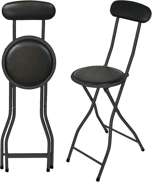 SuperGift.com Round Compact Padded Folding High Back Stool Chair Back Rest For Breakfast, Office Stool, Folding Kitchen Stool, Desk Stool, Foldable Bar Stools (Black)