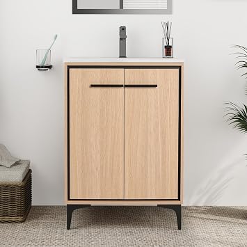 24" Bathroom Vanity with Sink Combo,24 Inch Freestanding Bathroom Vanities,Modern Floor Standing Cabinet Set with White Ceramic Basin,Soft Closing Doors & Adjustable Shelf,Plywood,Oak