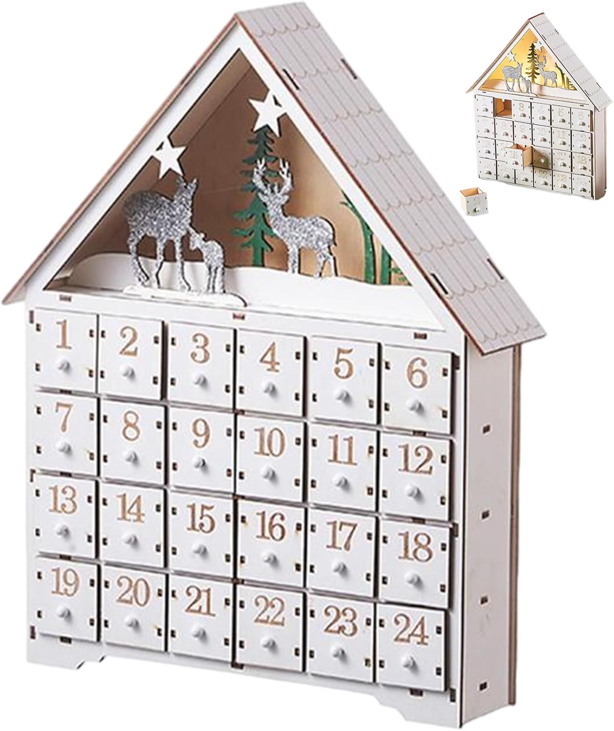 Wooden Advent Calendar with Drawers and LED Lights 24 Days Countdown Empty Advent Calendars to Fill