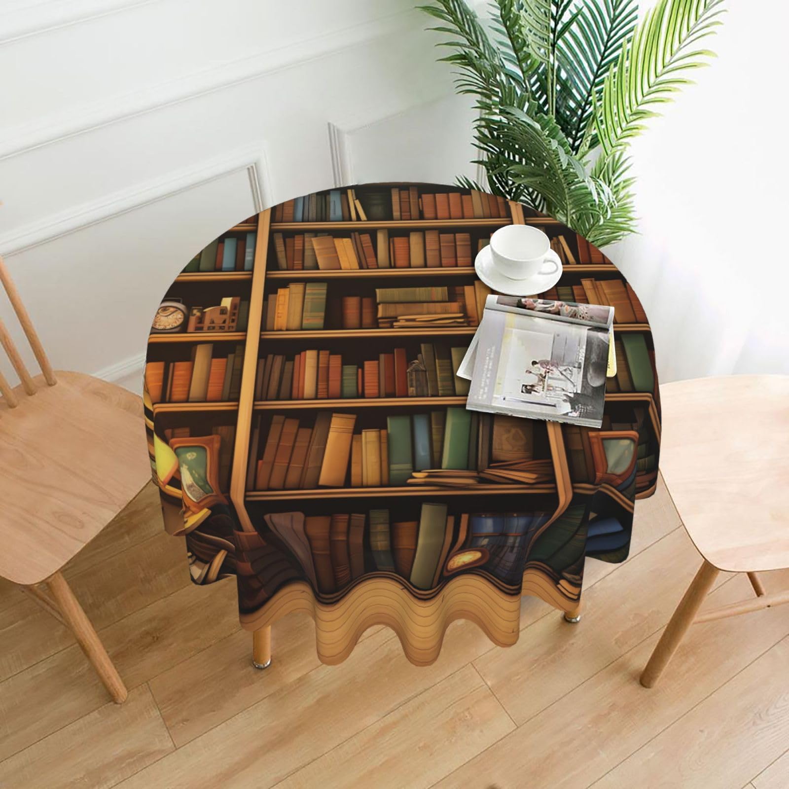 FodPand Retro Bookshelf Tablecloths for Round Tables 60 Inch - Reusable Washable Dining Table Clothes - Stain and Wrinkle Resistant Decorative Fabric Table Cover for Wedding Party