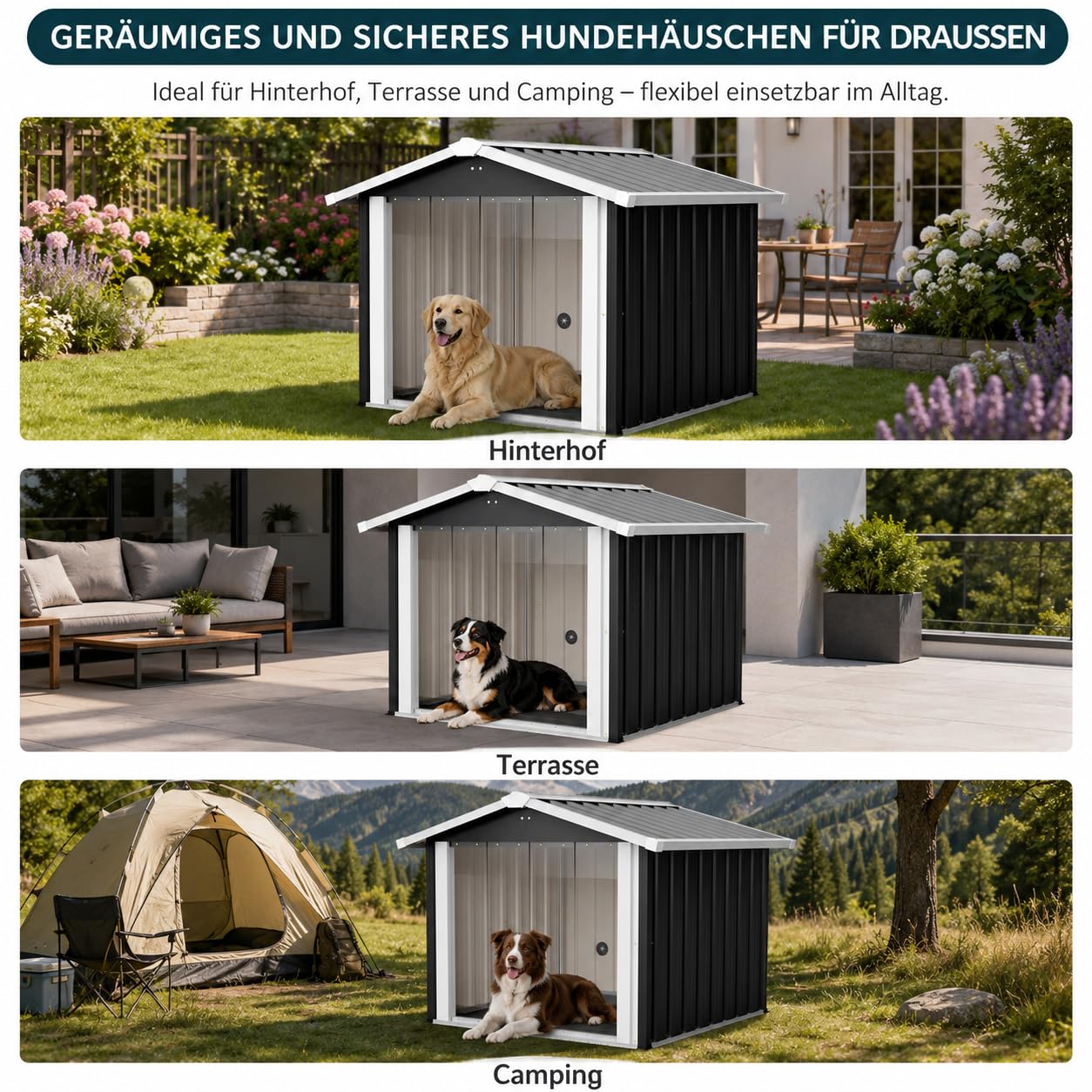 Outdoor Hundehütte wetterfest, Metall Hundehaus für Garten & Terrasse, wasserdichtes Hundehaus mit stabilem Boden, Belüftung & Schrägdach, Haustierhaus für kleine bis mittelgroße Hunde