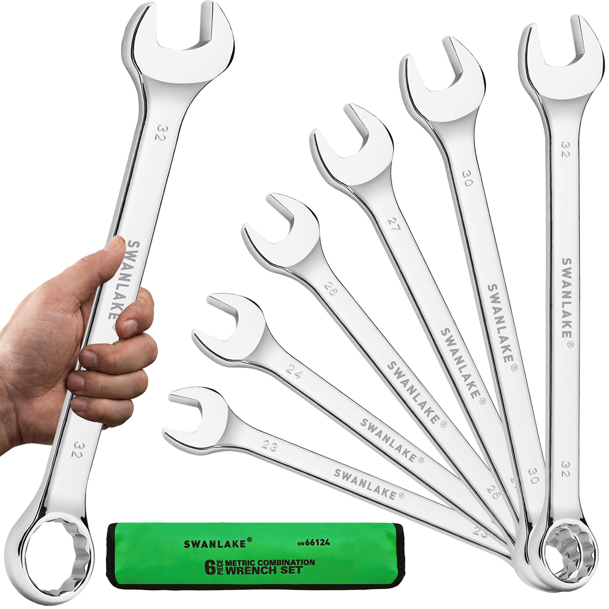 6-Piece All-Purpose Combination Wrench Set, Metric & Standard 23mm, 24mm, 26mm, 27mm, 30mm, 32mm, Heat Treated CR-V, 12-Point Box End Big Wrench Set,