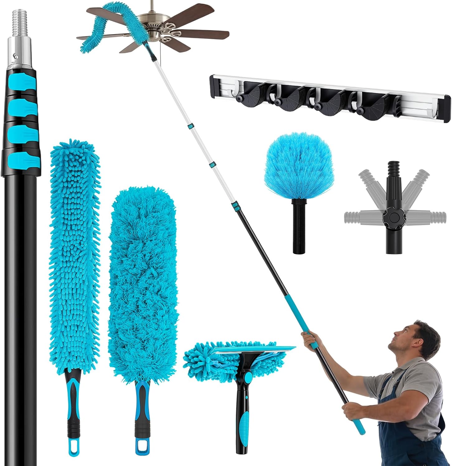 36ft Extra Long High Ceiling Duster with Extension Pole, Long Reach Cleaning Kit for Ceiling Fans, Windows & Cobwebs, Telescoping Pole with 6 Attachments for Home Church Warehouse Cleaning