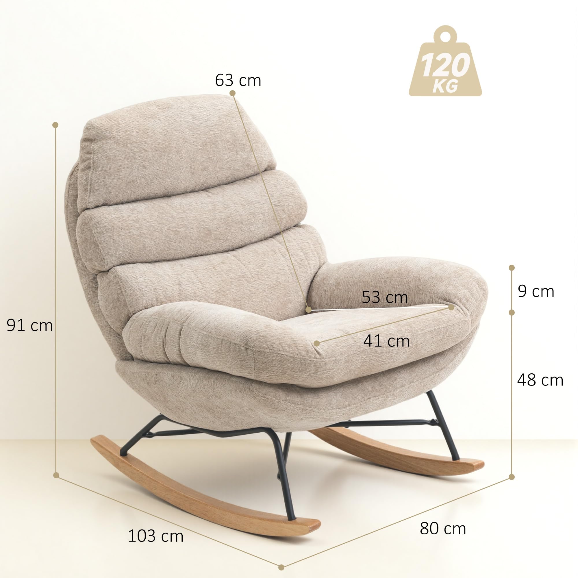 HOMCOM Schaukelstuhl Schaukelsessel mit Rückenlehne Schneidersitz Sessel, gepolstert Relaxsessel mit Chenille-Optik, Holzgestell Schwingsessel, Lesesessel für Wohnzimmer, Cremeweiß