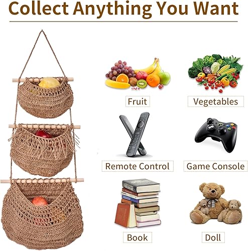 Miniatura 3 de Cestas de frutas colgantes para cocina, cestas de pared bohemias de 3 niveles hechas a mano para organizar y decorar sala de estar, dormitorio,