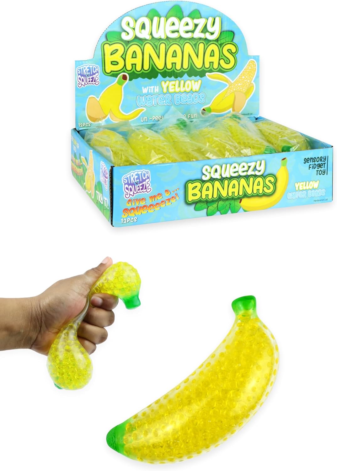 Henbrandt 12 x Squeeze Banana Toy with Water Beads Sticky Gel Sensory Stress Relief Toy for Kids and Adults Soft Squishy Sensory Fidget Ball for Autism, ADHD, Anxiety, Anti-Stress Squeeze Toy