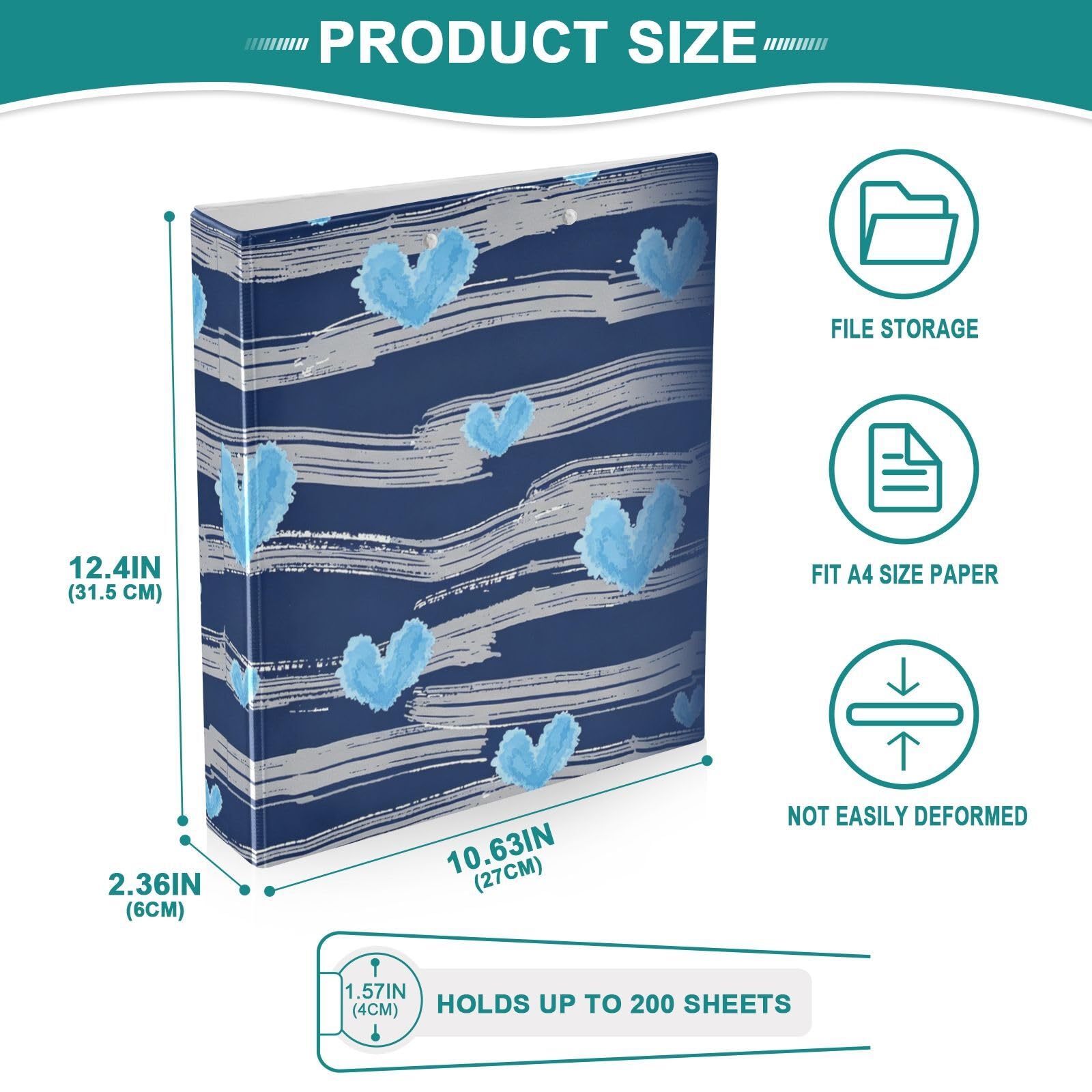 Raccoglitore per materiale scolastico da 3,8 cm, blu a righe blu a cuori