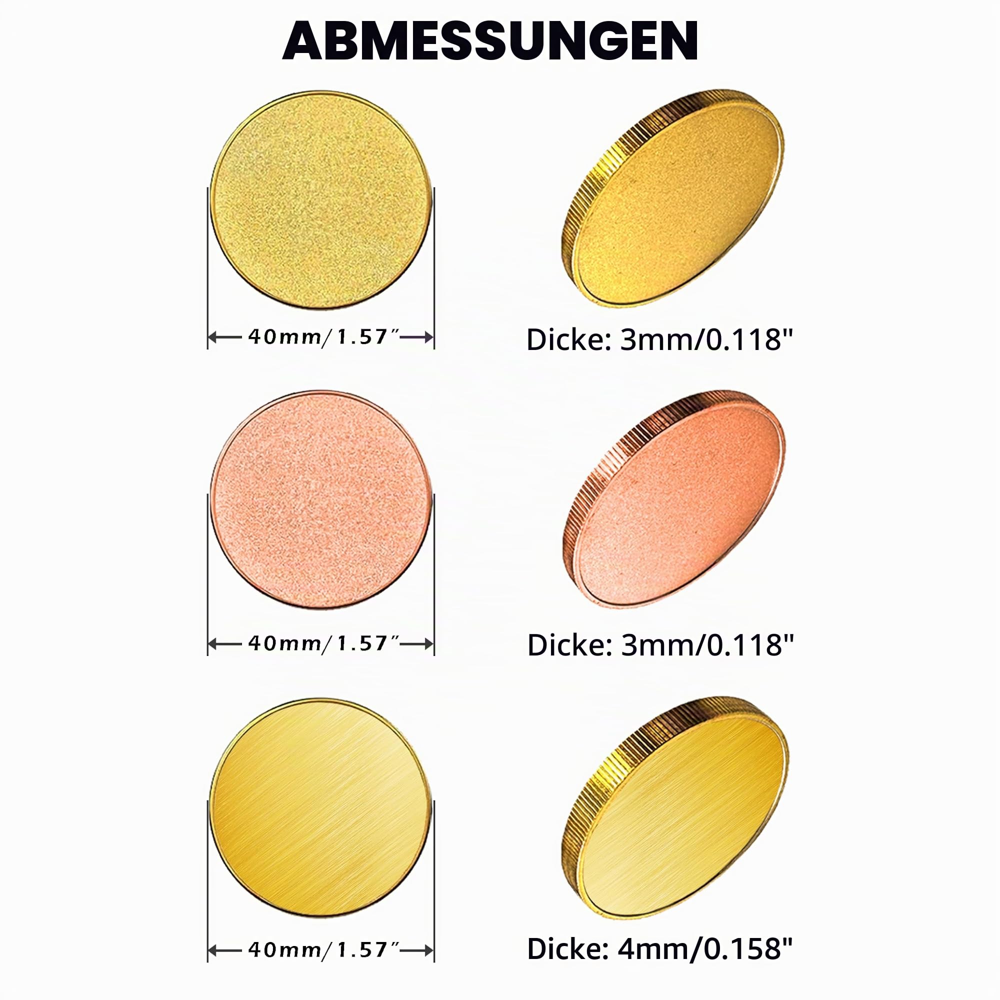 Messingmünzen, Rohlinge, 3 mm dick, benutzerdefinierte Herausforderungsmünze, 40 mm Gewindekante, Acryl-Schutzbox für Lasergravur, DIY-Geschenke, Sammelzubehör (3 mm Messing), 20 Stück