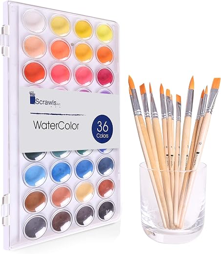 Watercolor Cake Set, 36 Watercolor Paint Set and 12 Paint Brushes. This Watercolors Set are Great for Children/Kids. The Perfect Brushes and Water Color pan Set.