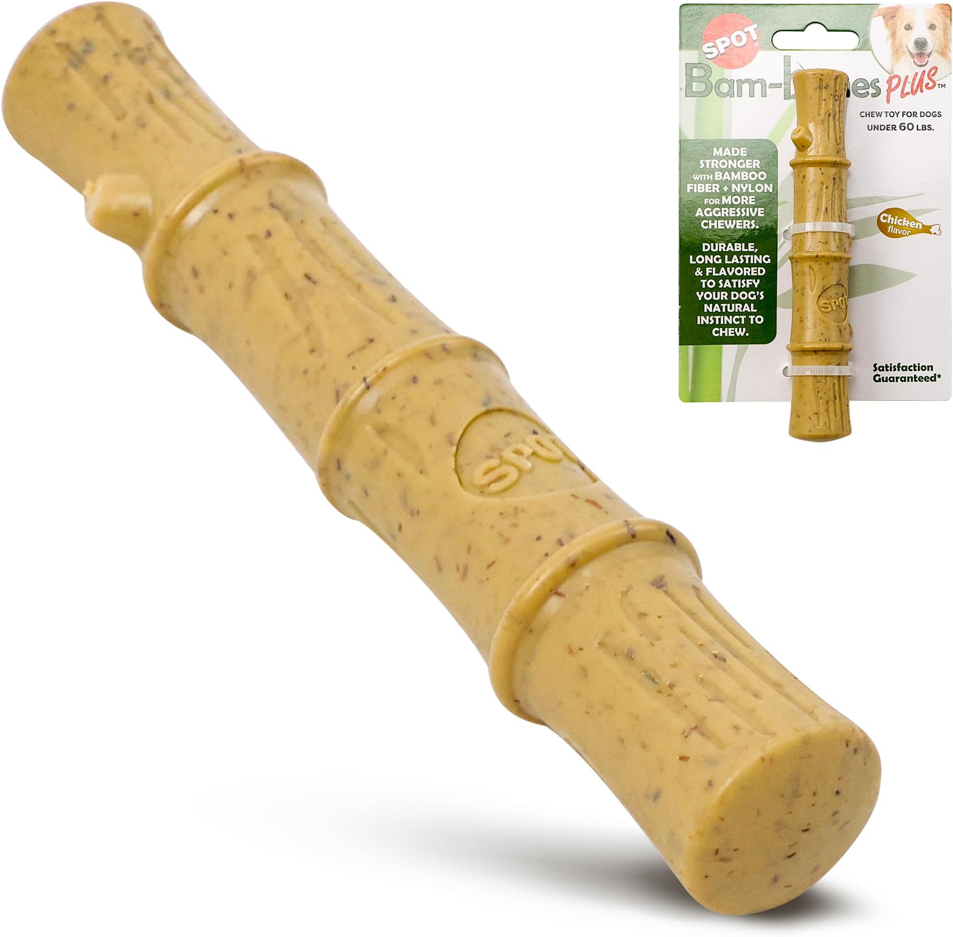 SPOT Bam-Bones Plus Bamboo Stick – Bamboo Fiber & Nylon, Durable Long Lasting Dog Chew for Aggressive Chewers – Great Toy for Adult Dogs & Puppies Under 60lbs, Non-Splintering, 5.25in, Chicken Flavor