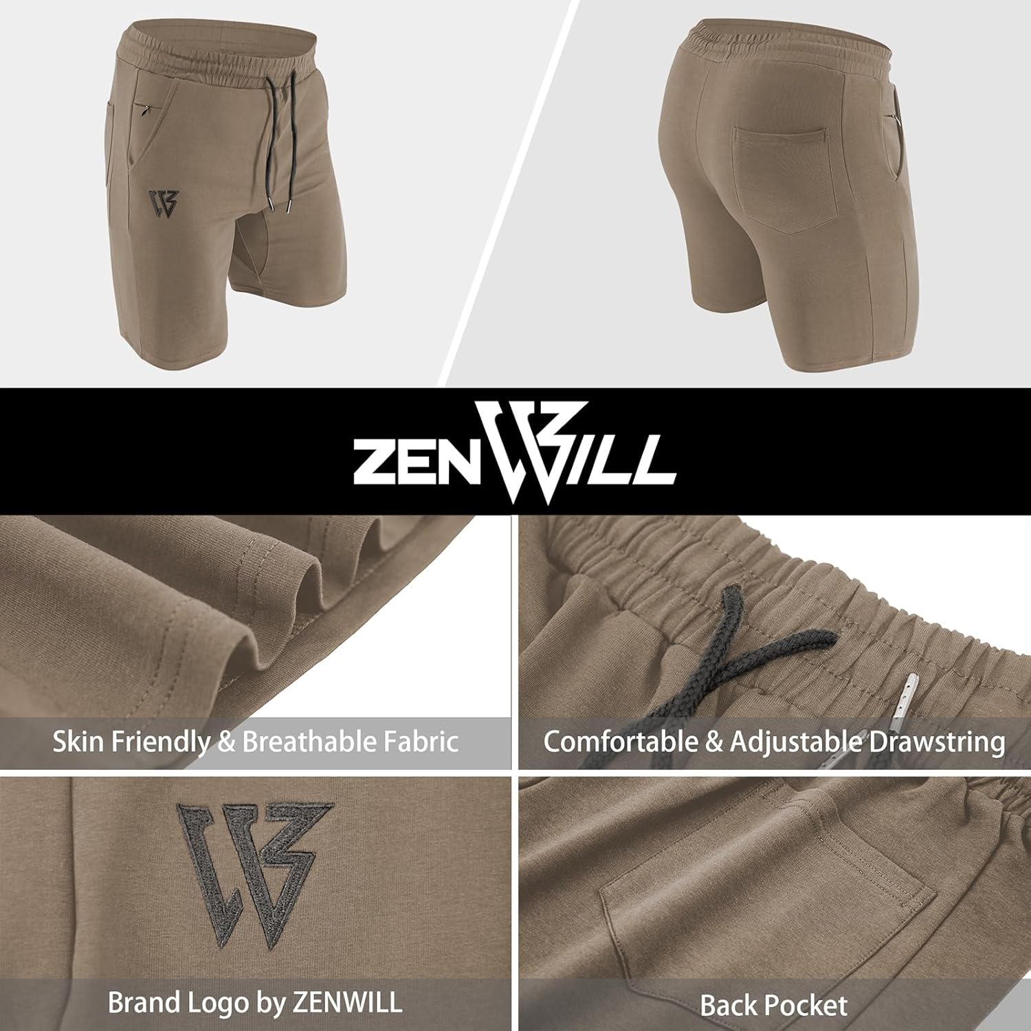 ZENWILL Mens 2 Pack Zip Gym Athletic Shorts, 7" Workout Running Fitness Cotton Training Shorts for Men with Zip Pockets - Image 6