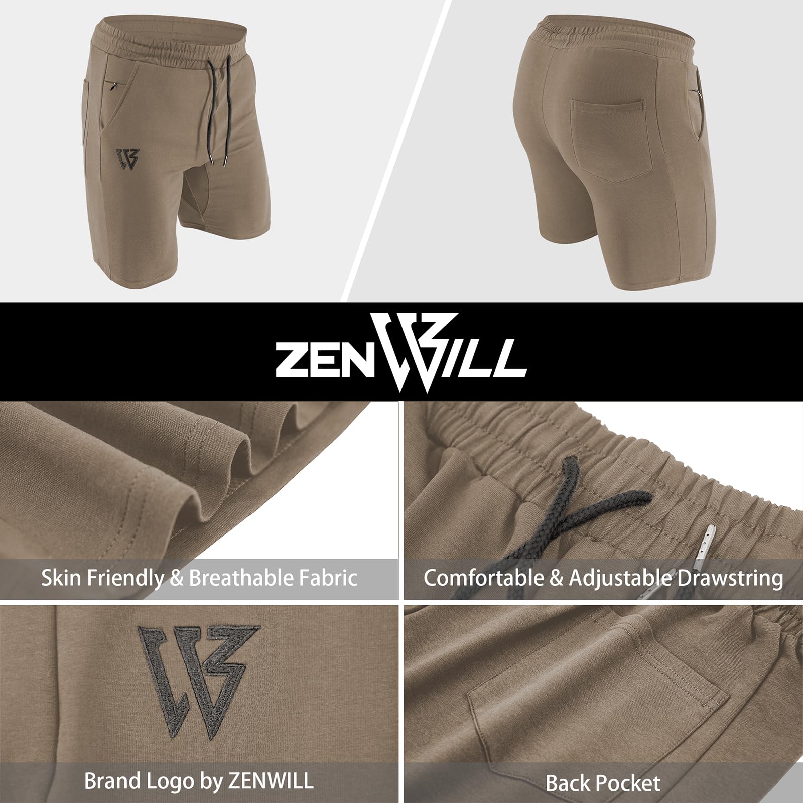 ZENWILL Paquete de 2 pantalones cortos deportivos con cremallera, pantalones cortos de entrenamiento de 7 pulgadas
