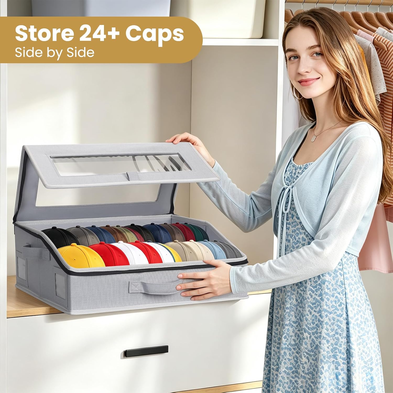 Hat Storage Box with Clear Window, Baseball Cap Organizer Holds Up to 24 Caps, Foldable Hat Storage Container with Dividers and Zipper Lid, Stackable Closet Organizer for Hats, Shoes, Clothing, Gray