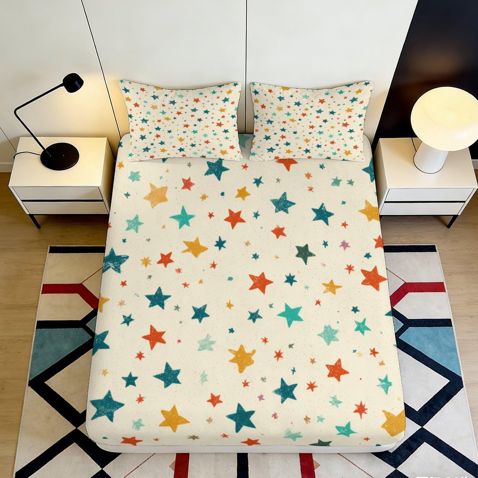 Pnayamiorkfel Style-5 3D Printed Colorful Stars Fitted Sheet Microfiber Soft Breathable Rainbow Star Mattress Cover For Bedroom Guest Room Decor 90X200x25cm