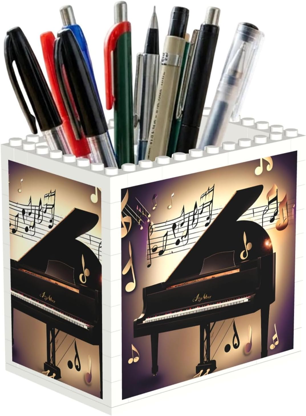 Music Note Piano Print Uv Print Block Pencil Cup, Detachable Creative Block Desk Organizer Office Abs Pen Holder