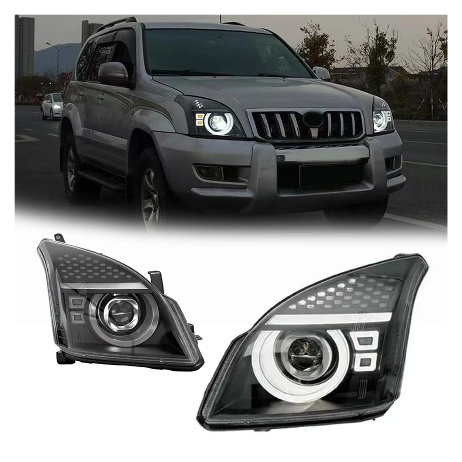 Pasuje do T0y0ta Prado FJ120 03-09 w nowym stylu pełna dioda LED DRL reflektor samochodowy montaż sygnału akcesoria samochodowe zmodyfikowana lampa reflektory LED
