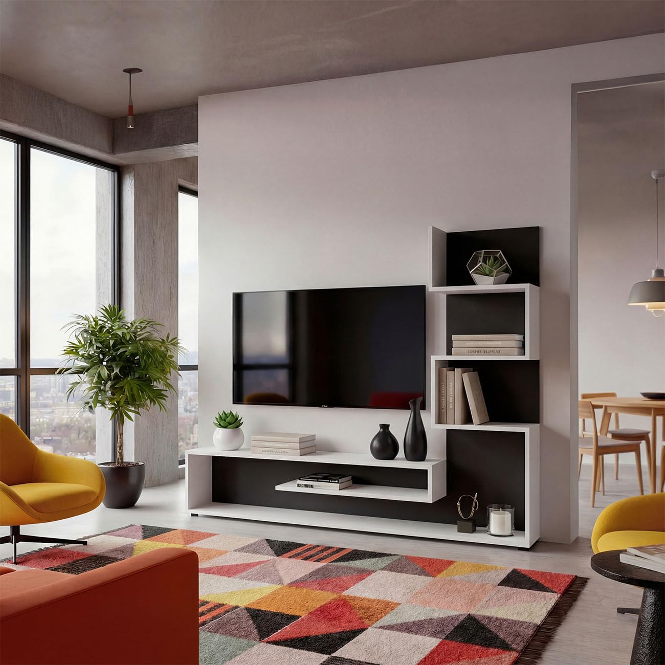 duehome | Mueble de Salón, Composición Modular de TV, Modelo Moobi 160, Acabado en Blanco y Negro, Medidas: 160 cm (Largo) x 29 cm (Fondo) x 124 cm (Alto)