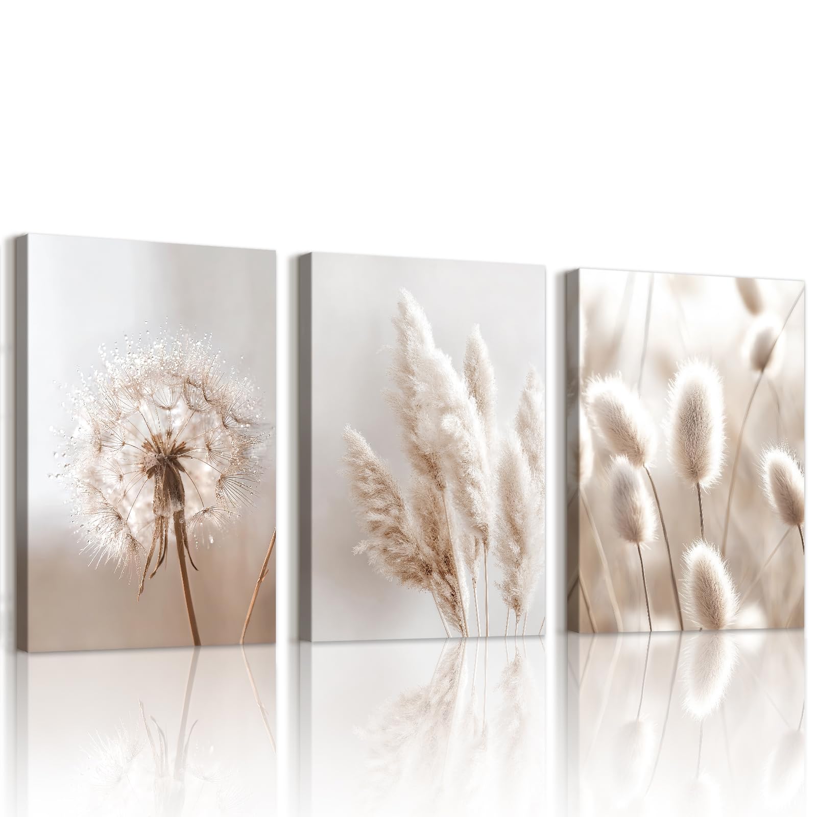 WENGTIAO 3 Stück Beige Weiße Botanische Leinwand Bilder Kunstdrucke Gerahmt, Löwenzahn Schilf und Hasenschwanzgras Wandbilder auf Leinwand für Modern Wohnzimmer Schlafzimmer Wand Deko 40x60cmx3