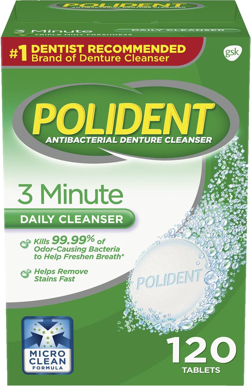 Polident3 Minute, Antibacterial Denture Cleanser, 120 Ea - 2Pc