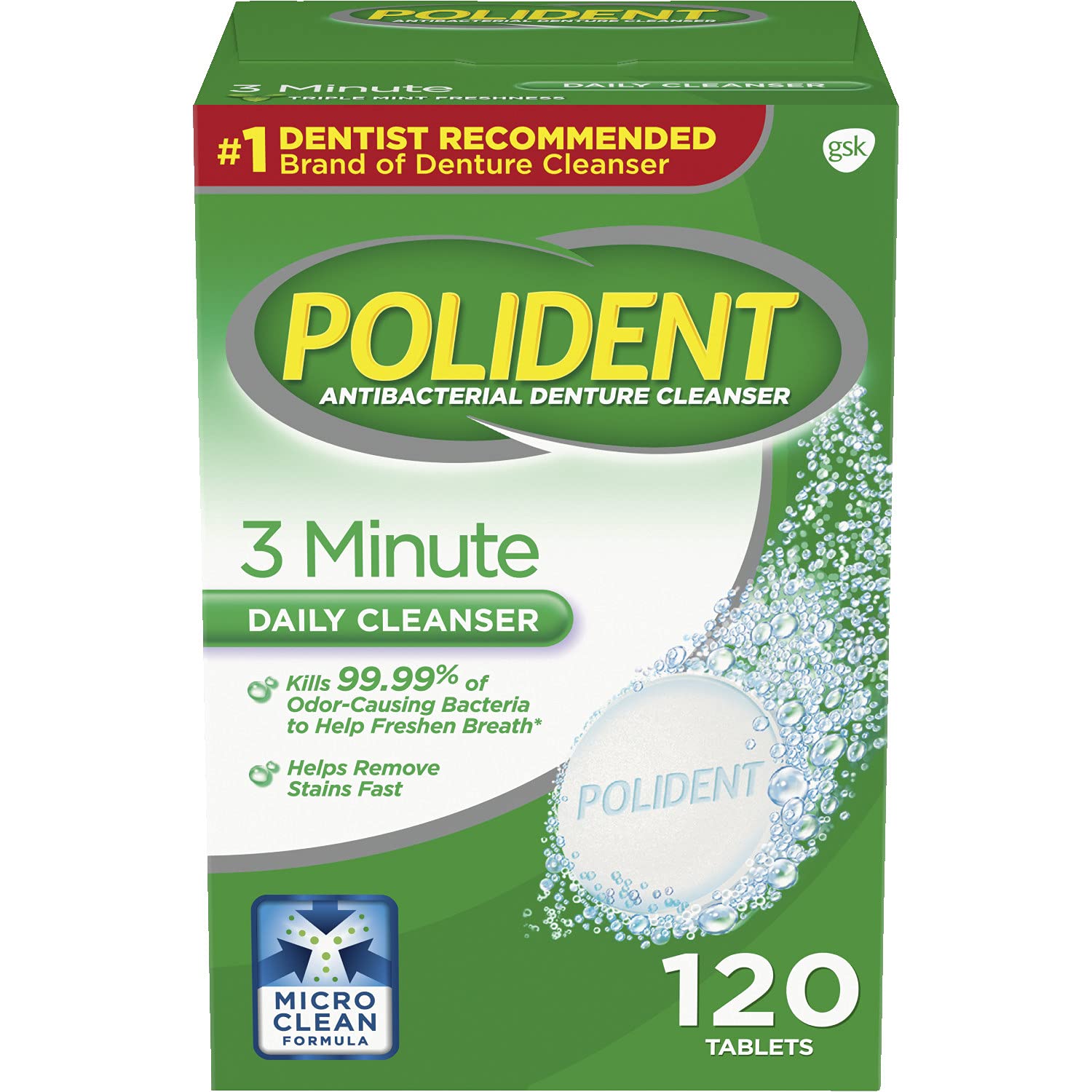 Polident 3 Minute Triple Mint Antibacterial Denture Cleanser Effervescent Tablets, 120 count (Pack of 2)