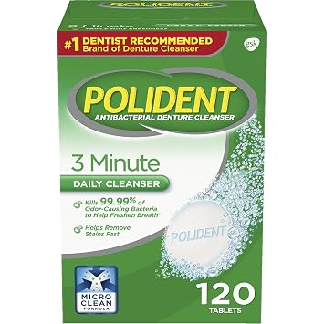Polident 3 Minute Triple Mint Antibacterial Denture Cleanser Effervescent Tablets, 120 count Pack of 2