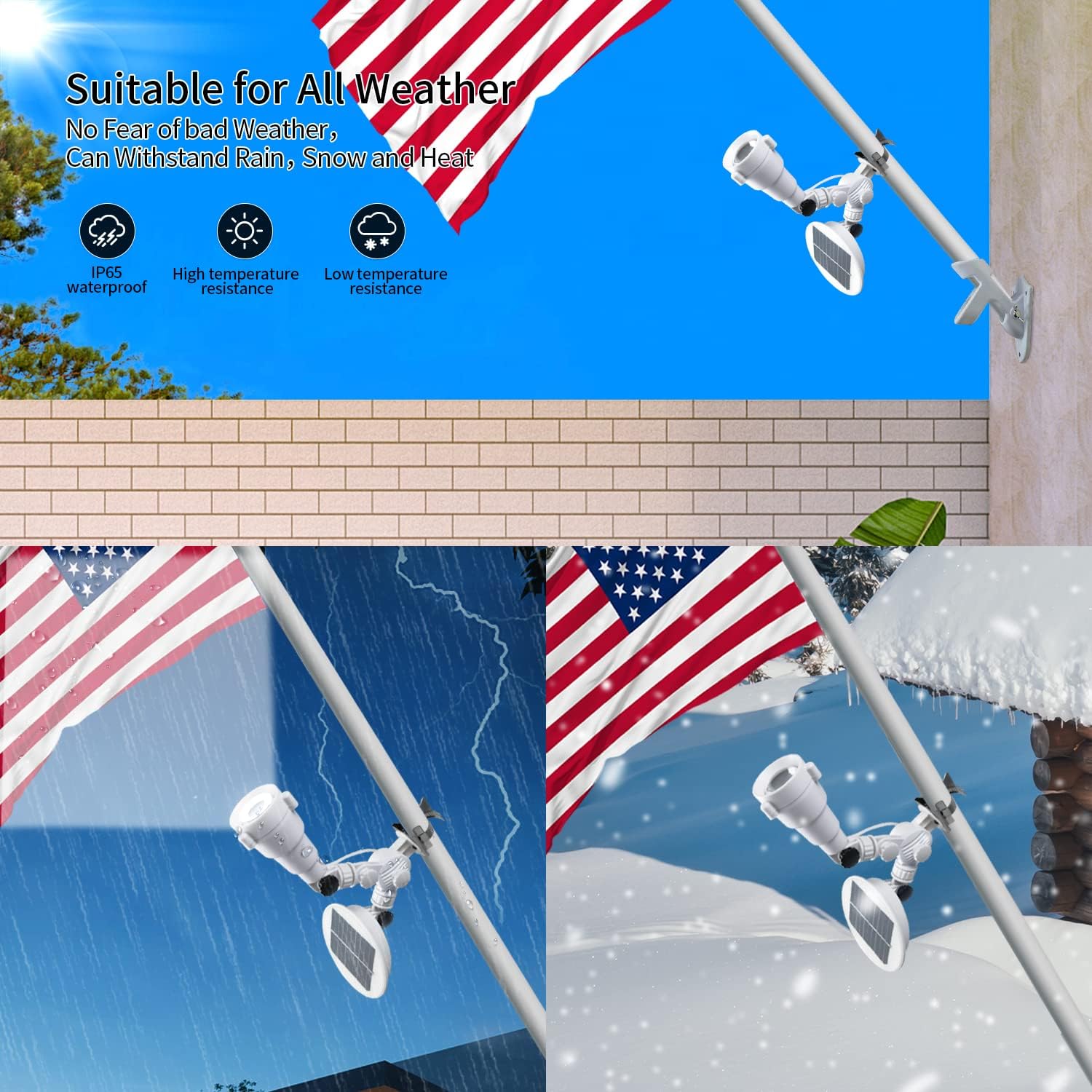 Flag Pole Light Solar Powered 360° Rotation Shaped Bracket, Super Spotlights PC Crystal LED, Adjustable Metal Clamps Fits 1-1.5" Flagpole, Durable Night Lighting 8-12 Hrs for Gardern Yard Flagpole