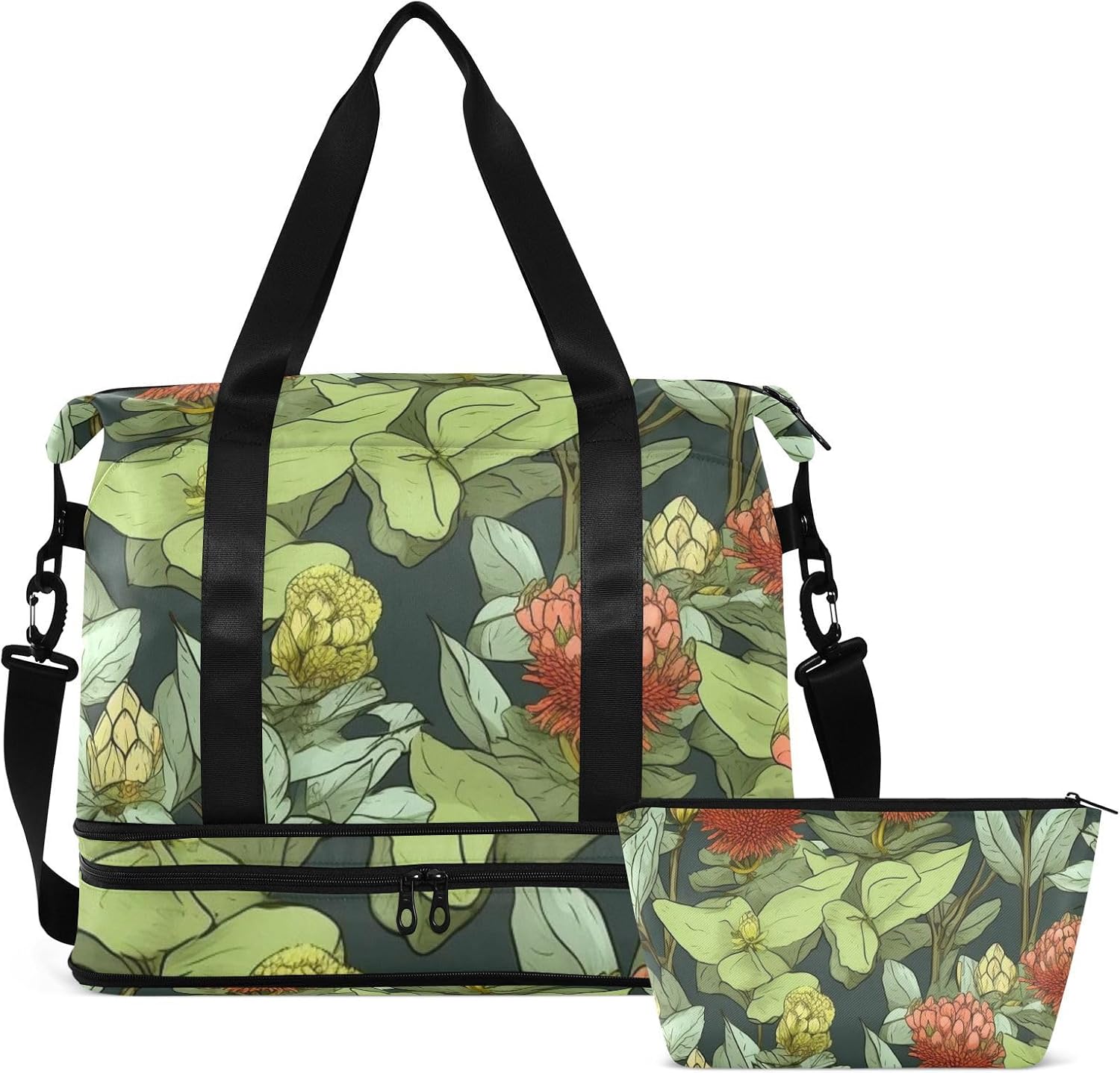 Red Vintage Flowers Travel Tote Bag Gym Bag with Toiletry Bag for Airplane Traveling 2 Pcs Set