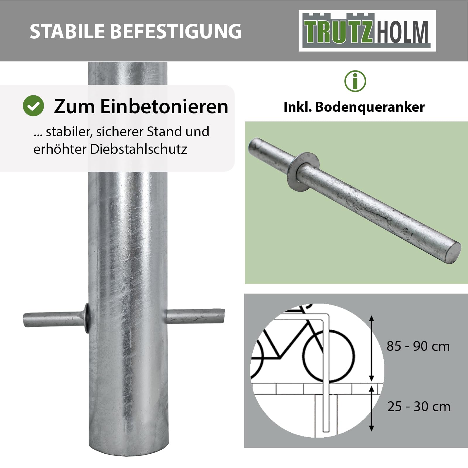 TRUTZHOLM Fahrradanlehnbügel 115x56 cm Stahl feuerverzinkt Rohrdurchmesser Ø 60 mm Fahrradständer zum Einbetonieren inkl. Bodenqueranker Parker Anlehnbügel Fahrradanlehner für 2 Fahrräder