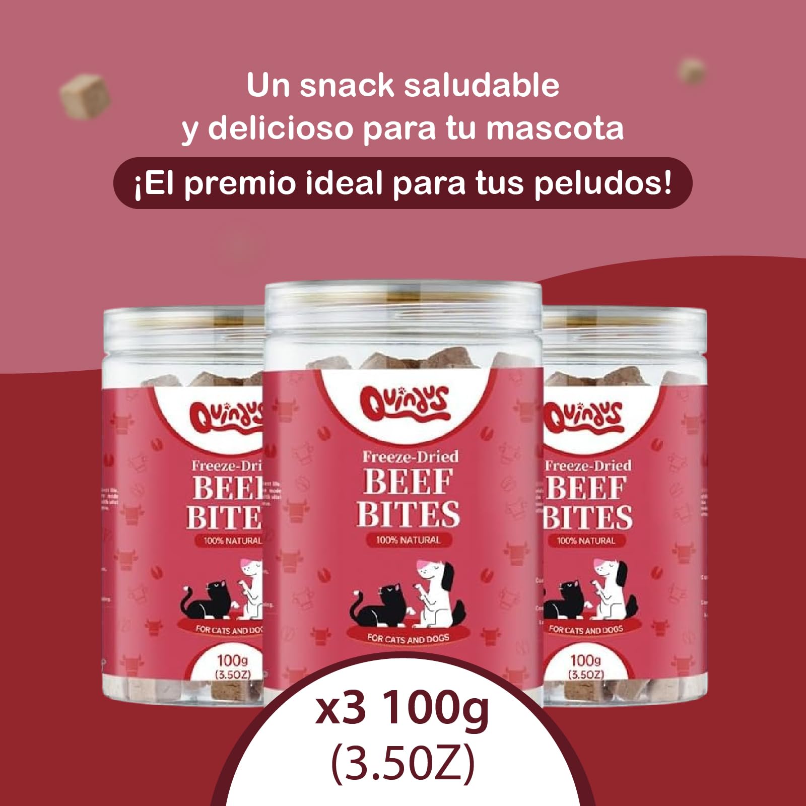 QUINDU'S - Morsi di carne di manzo disidratati per cani e gatti (100 g x 3) | Snack naturale con proteine e sostanze nutritive | Integratore alimentare per pelle e pelliccia | Dieta Barf | Gusto Bue